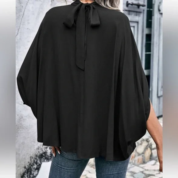 Boho Batwing Sleeve Mock Neck Tie Back Top Blouse Shirt - Picture 2 of 6